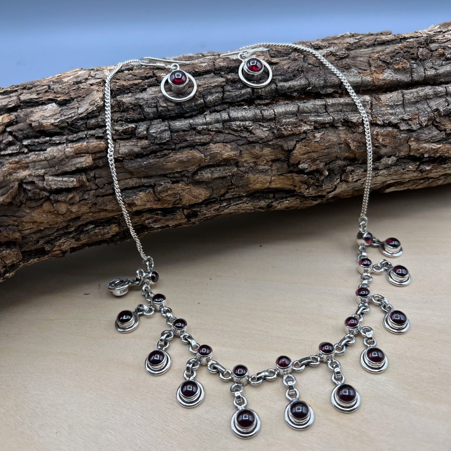 925 Silver Trendy Red Garnet Cabochon Stone Necklace Set