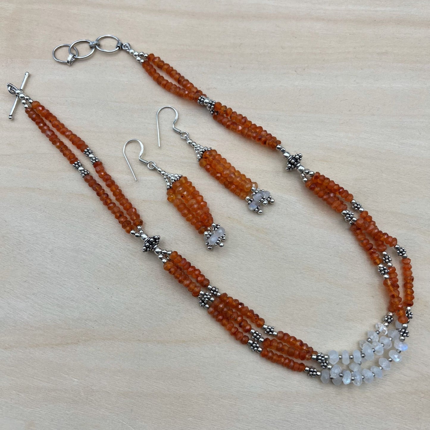 925 SS Classic Orange Color Carnelian, Rainbow Moonstone Bead Necklace Set