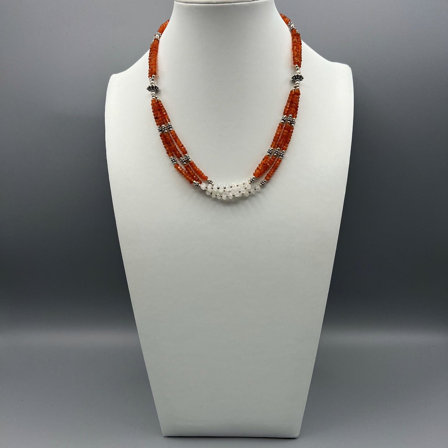 925 Silver Classic Orange Carnelian & Rainbow Moonstone Bead Necklace Set