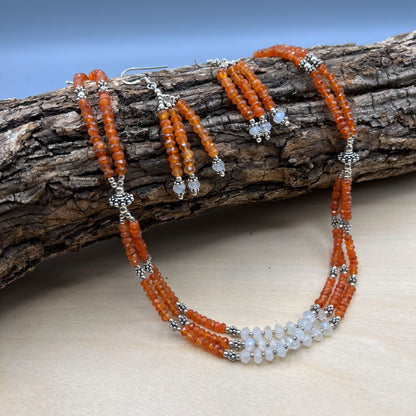 925 Silver Classic Orange Carnelian & Rainbow Moonstone Bead Necklace Set