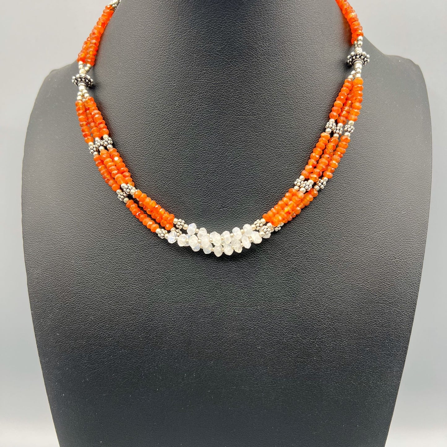 925 Silver Classic Orange Carnelian & Rainbow Moonstone Bead Necklace Set