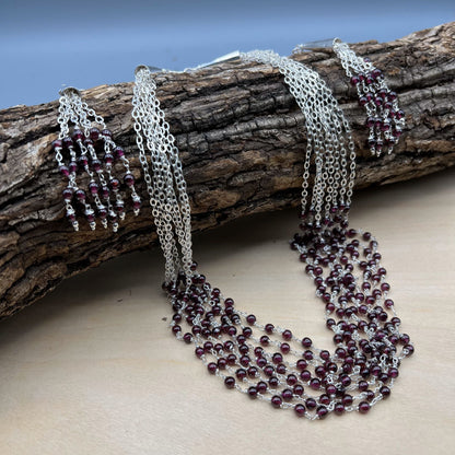 925 Silver Unique Designer Festive Red Garnet Bead Necklace Set