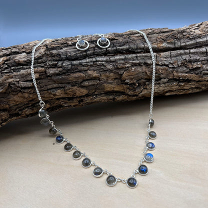 925 Silver Dainty Grey Labradorite Cabochon Stone Necklace Set