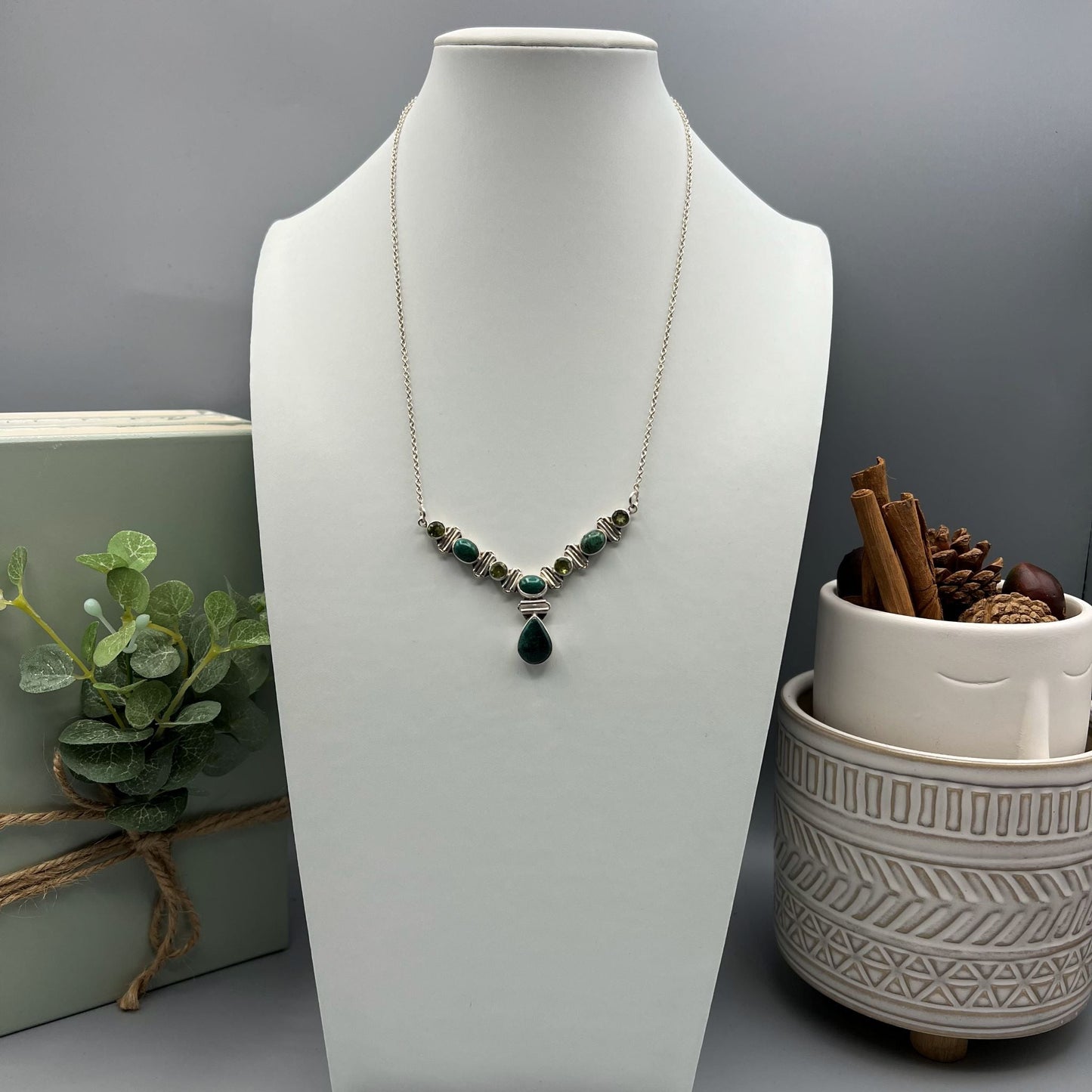 925 Silver Dainty Green Malachite & Green Peridot Mix Stone Necklace Set