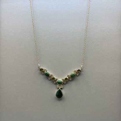 925 Silver Dainty Green Malachite & Green Peridot Mix Stone Necklace Set