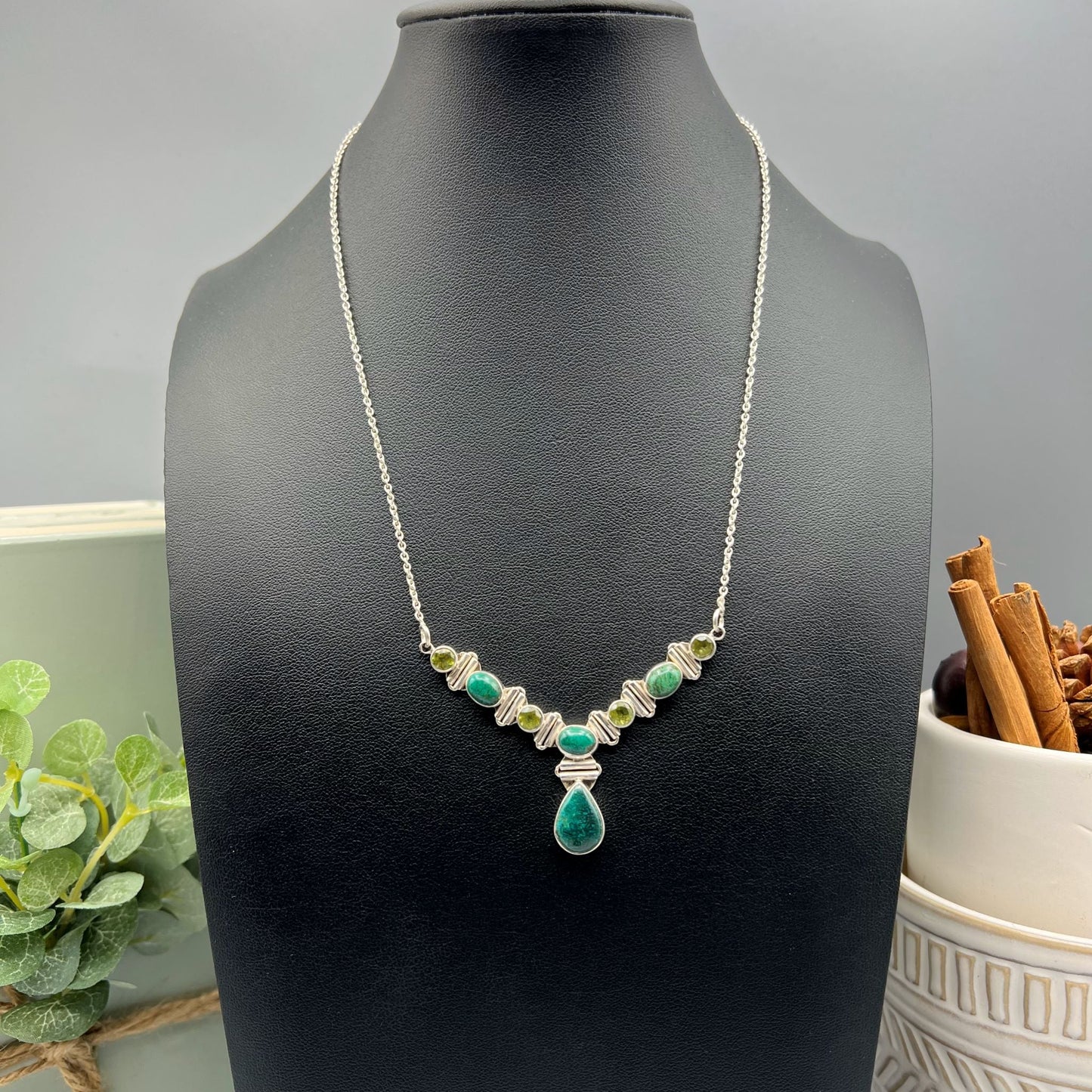 925 Silver Dainty Green Malachite & Green Peridot Mix Stone Necklace Set