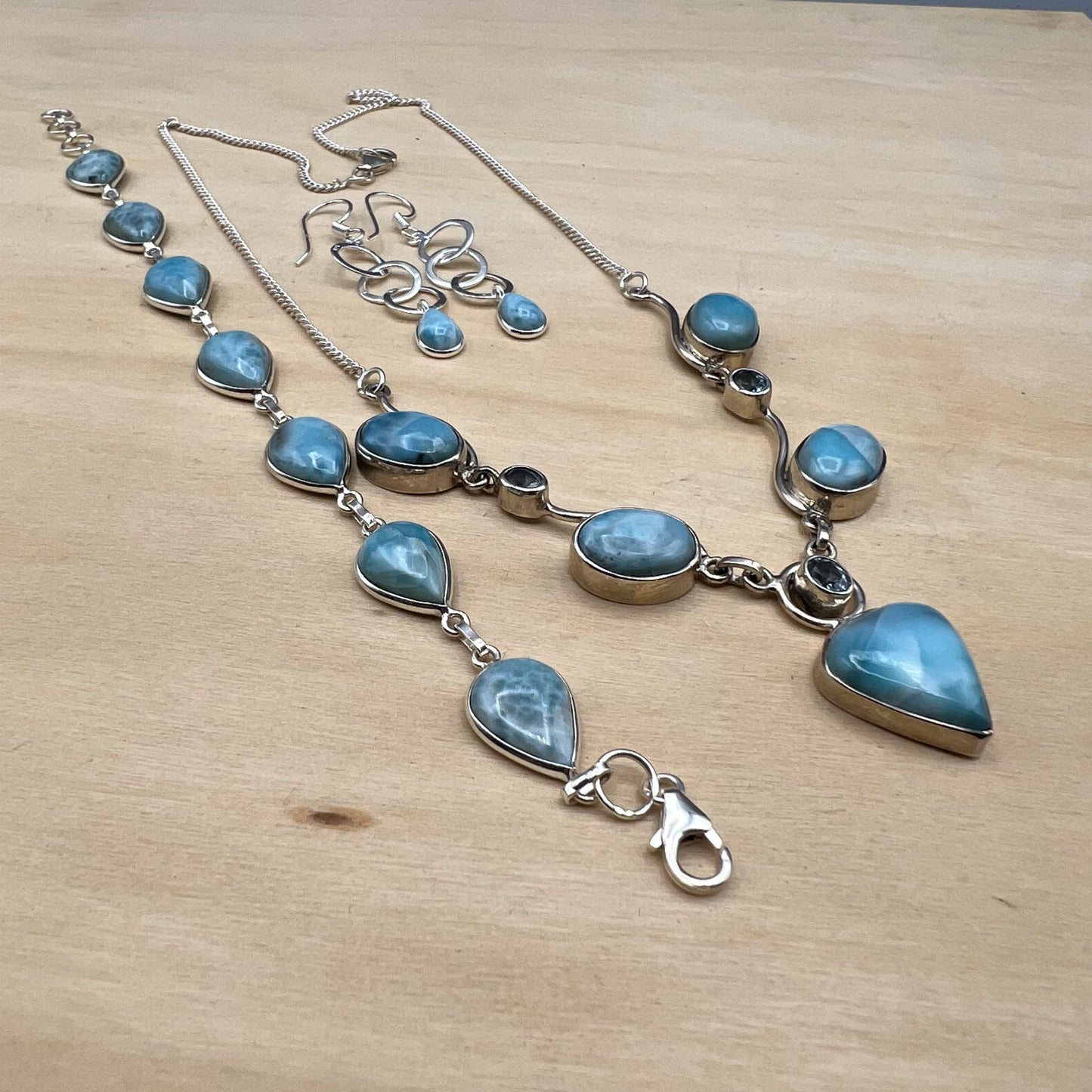 925 SS Classic Blue Color Larimar, Blue Topaz Mix Jewelry Set