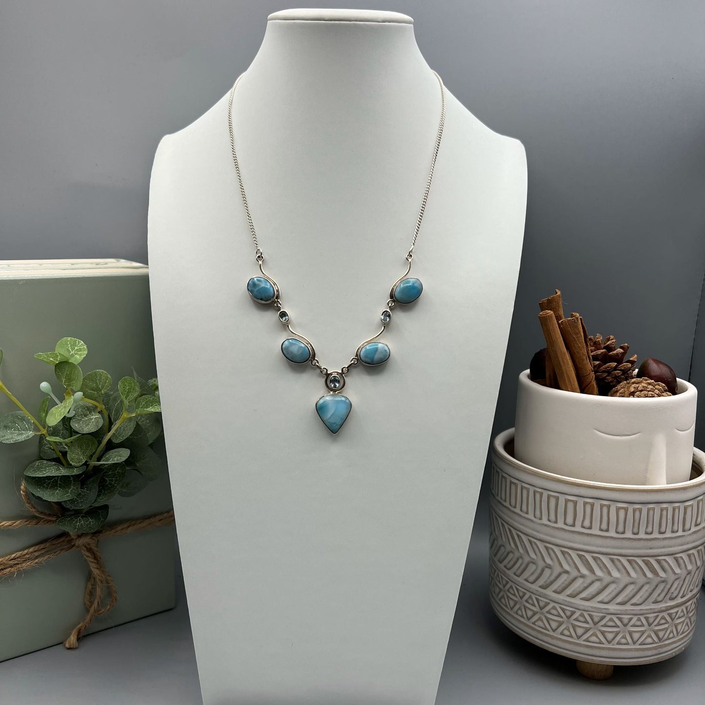 925 Silver Classic Blue Larimar & Blue Topaz Mix Stone Jewelry Set