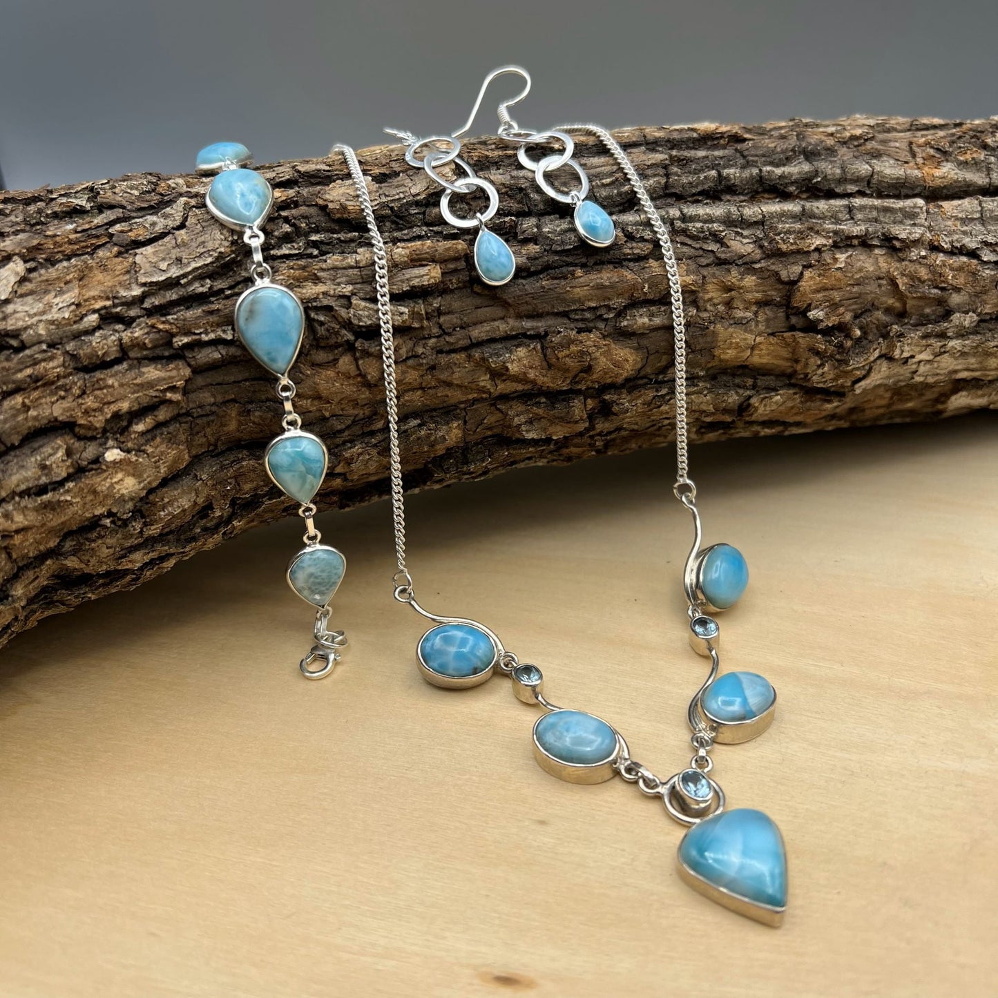 925 Silver Classic Blue Larimar & Blue Topaz Mix Stone Jewelry Set