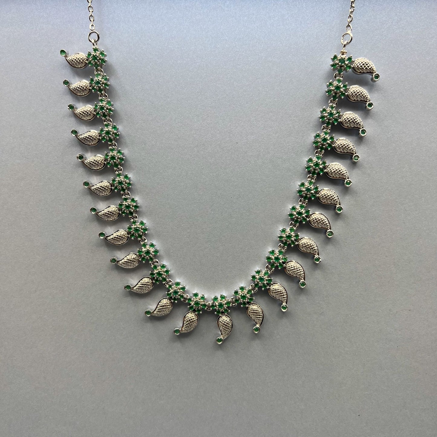 925 Silver Designer Festive Green Emerald Cut Stone Necklace Set