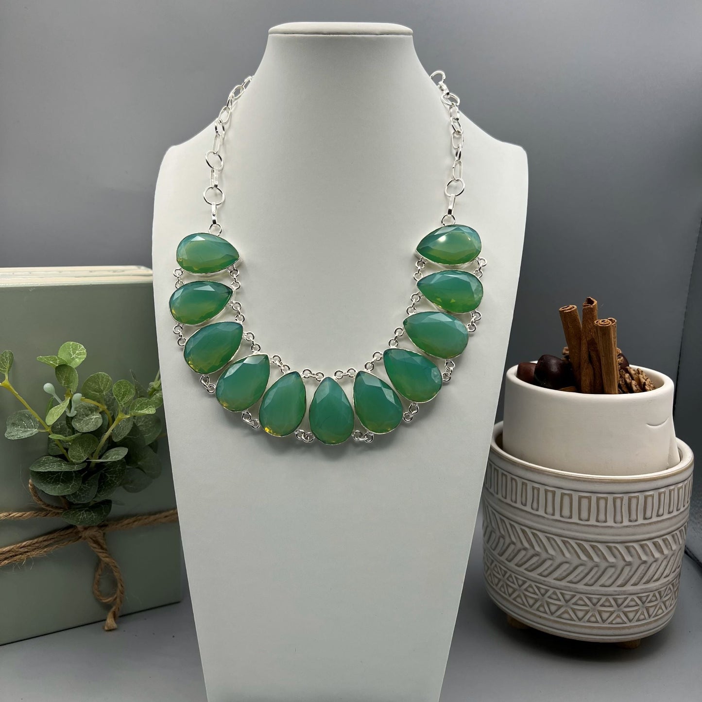 925 Silver Chunky Festive Light Green Chalcedony Large Cut Stone Necklace Set