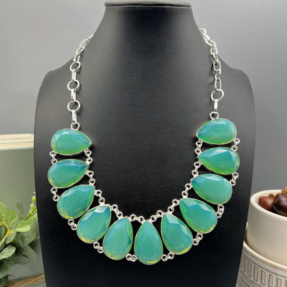 925 Silver Chunky Festive Light Green Chalcedony Large Cut Stone Necklace Set