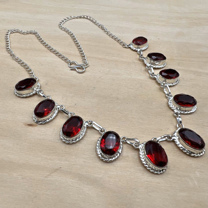 925 SS Classic Red Color Mozambique Garnet Cut Stone Necklace