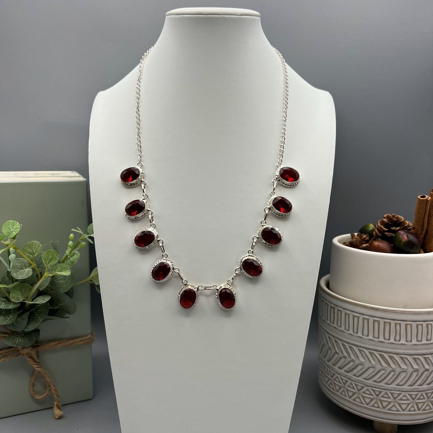 925 Silver Classic Red Mozambique Garnet Cut Stone Necklace