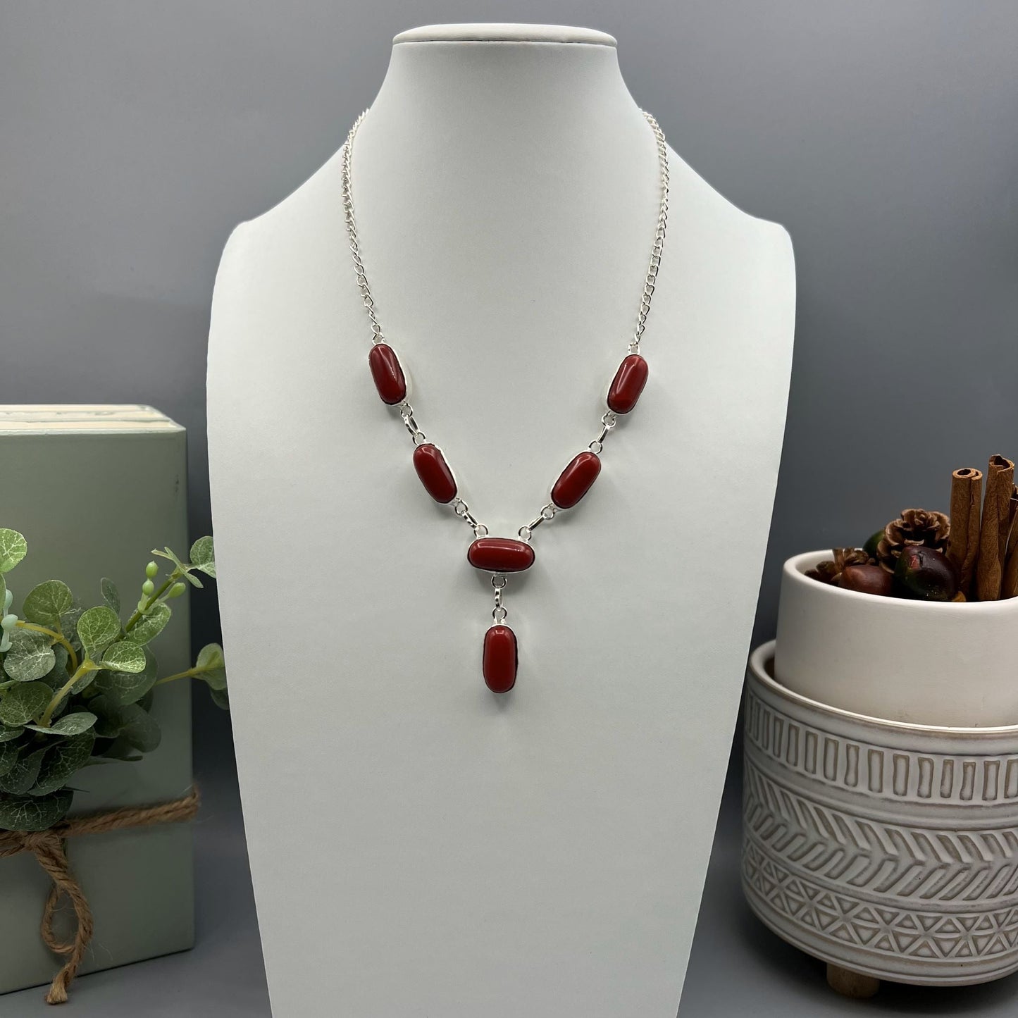 925 Silver Classic Red Coral Cabochon Stone Necklace