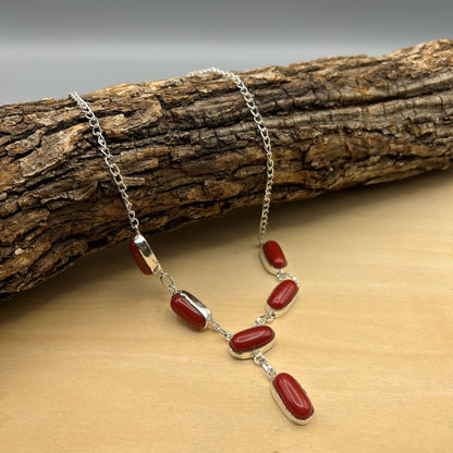 925 Silver Classic Red Coral Cabochon Stone Necklace