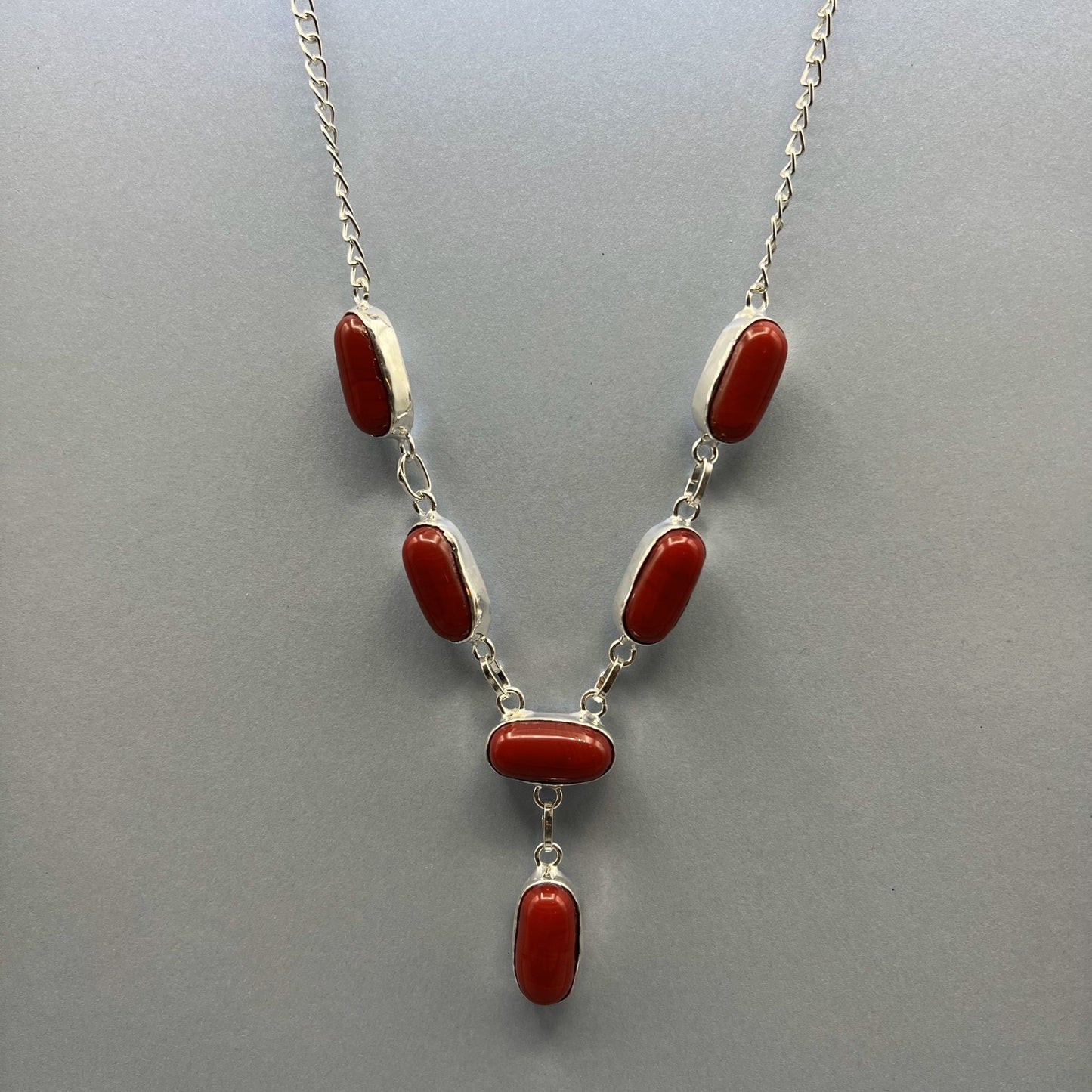 925 Silver Classic Red Coral Cabochon Stone Necklace