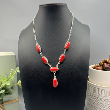 925 Silver Classic Red Coral Cabochon Stone Necklace