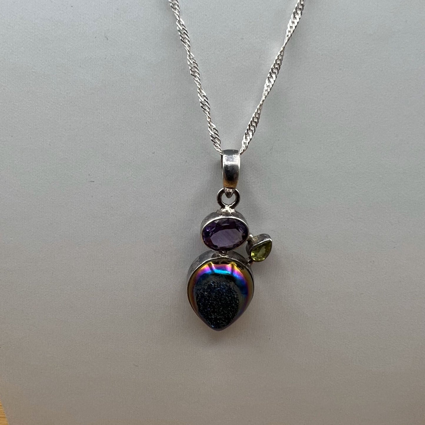 925 SS Classic Multi Color Druzy, Green Peridot, Purple Amethyst Cut Stone Pendant