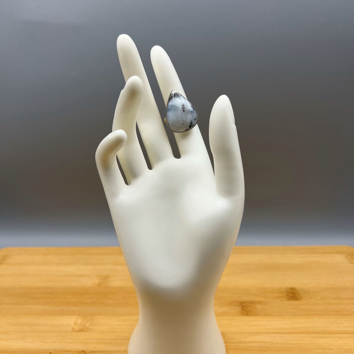 925 Silver Trendy Grey Dendritic Agate Chunky Cabochon Stone Ring - Size 7.5