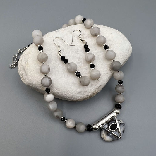 925 Silver Trendy Handcrafted White Matte Agate Single Strand Bead Necklace Set