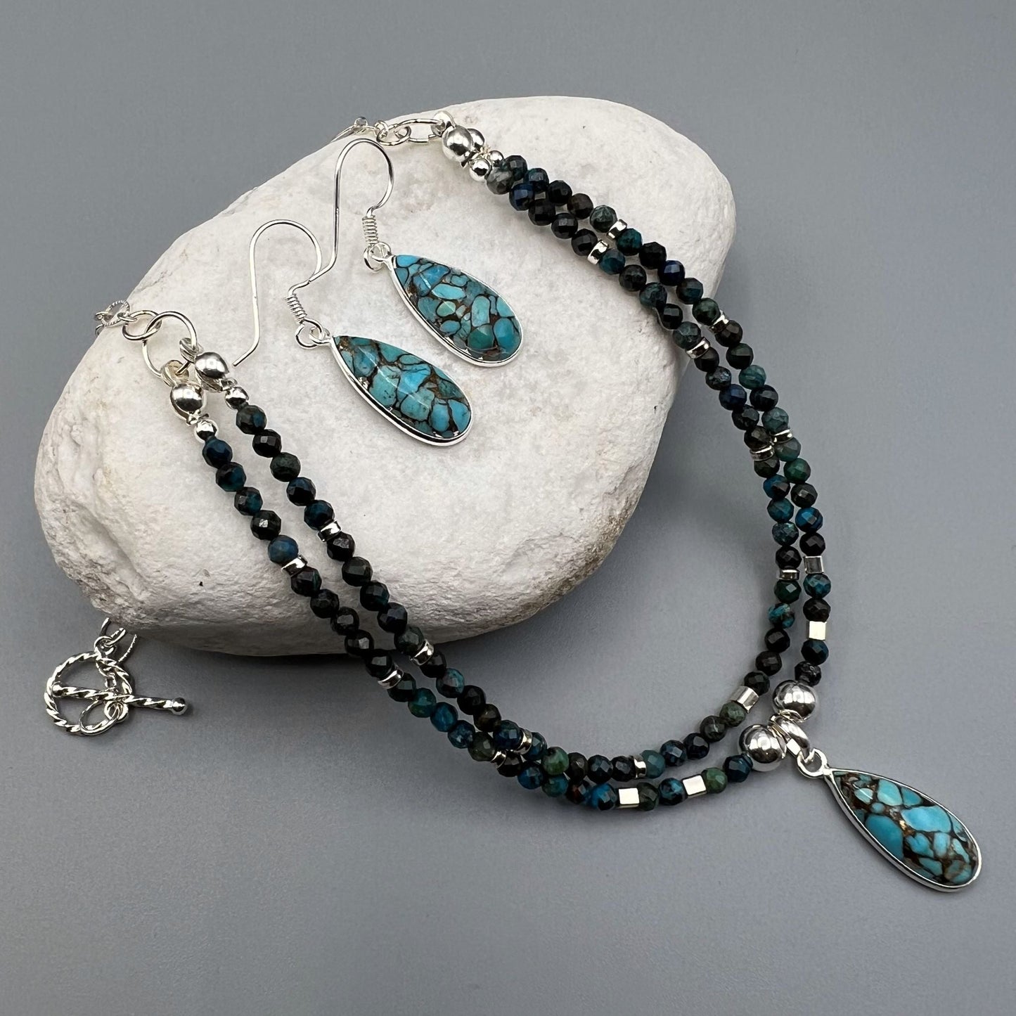 925 SS Classic Blue Color African Turquoise, Blue Turquoise Bead Necklace Set