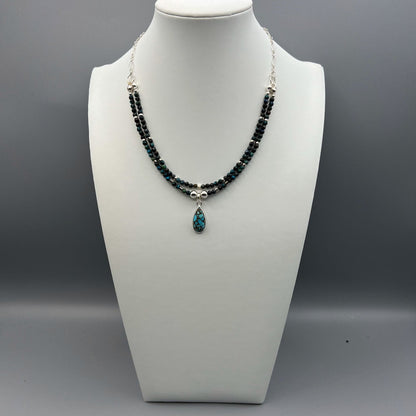 925 Silver Dainty Handcrafted Blue African Turquoise Dual Strand Bead Necklace Set