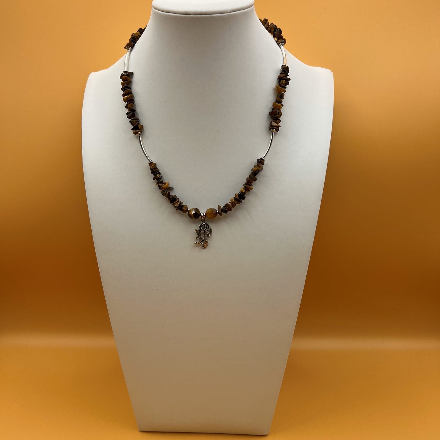 925 Silver Trendy Handcrafted Gold Brown Tiger Eye Chip Single Strand Bead Necklace Set