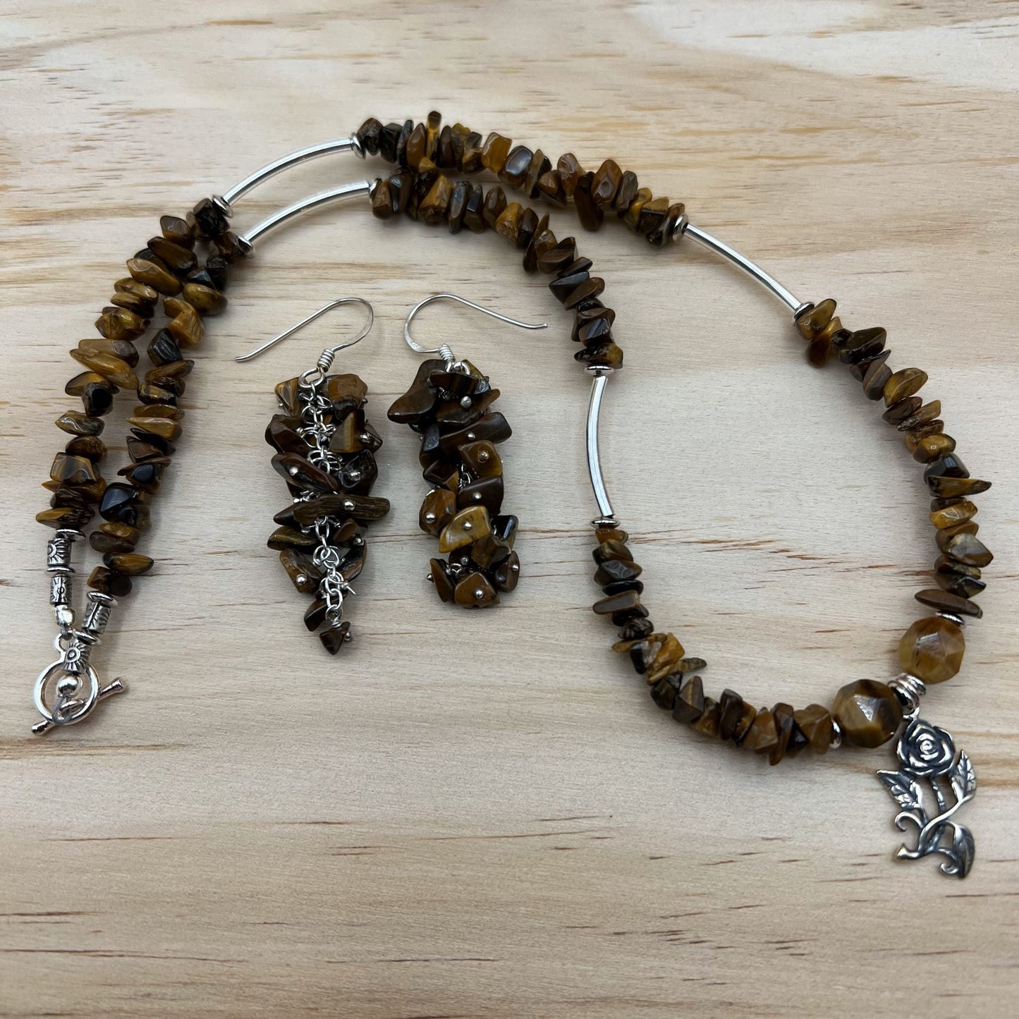 925 Silver Trendy Handcrafted Gold Brown Tiger Eye Chip Single Strand Bead Necklace Set