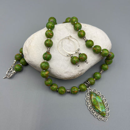 925 Silver Antique Look Handcrafted Green Turquoise Single Strand Bead Necklace Set