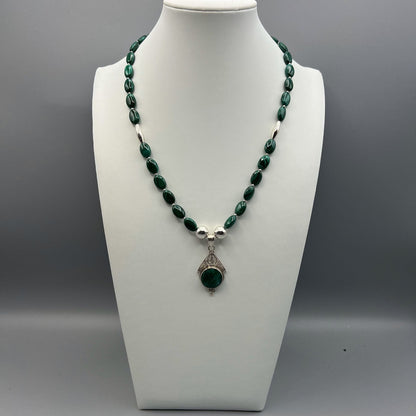 925 Silver Designer Festive Handcrafted Green Malachite & Corundum Single Strand Bead Necklace Set