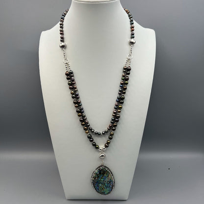 925 Silver Designer Festive Handcrafted Abalone Shell & Peacock Pearl Dual Strand Long Bead Necklace Set