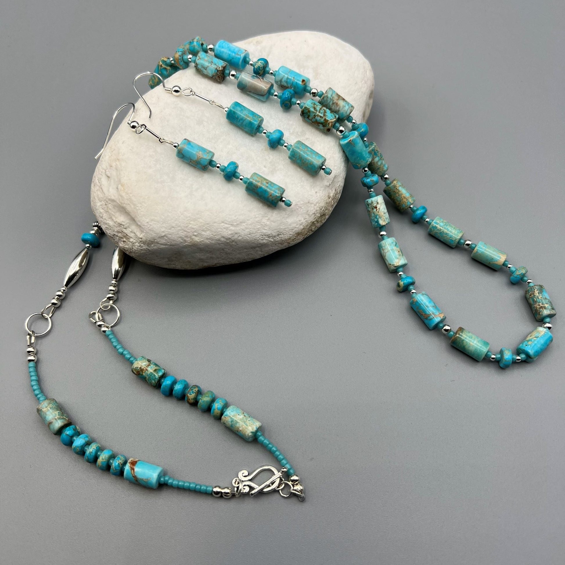 925 SS Designer Long Trendy Blue Color African Impression Jasper Bead Necklace Set