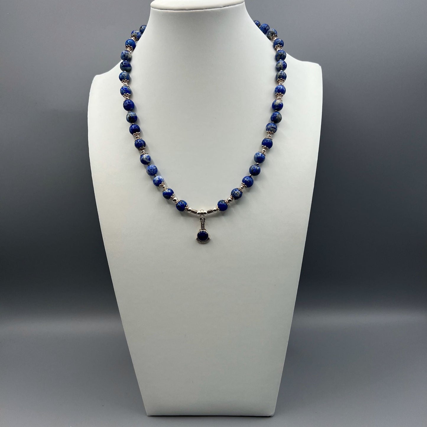 925 Silver Antique Look Handcrafted Classic Blue Lapis Lazuli Single Strand Bead Necklace Set