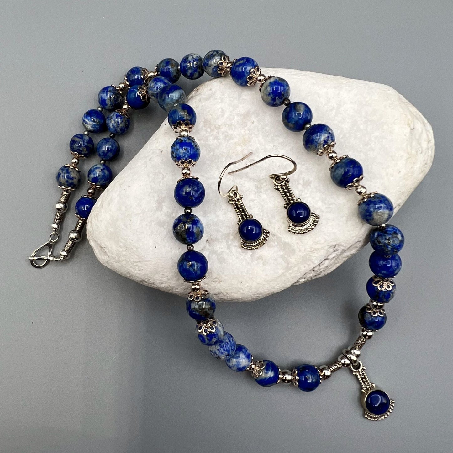 925 Silver Antique Look Handcrafted Classic Blue Lapis Lazuli Single Strand Bead Necklace Set