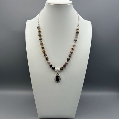 925 Silver Designer Classic Handcrafted Brown Botswana Agate Single Strand Bead Necklace Set