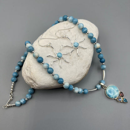 925 SS Classic Blue Color Larimar, Multi Gemstone Bead Necklace Set