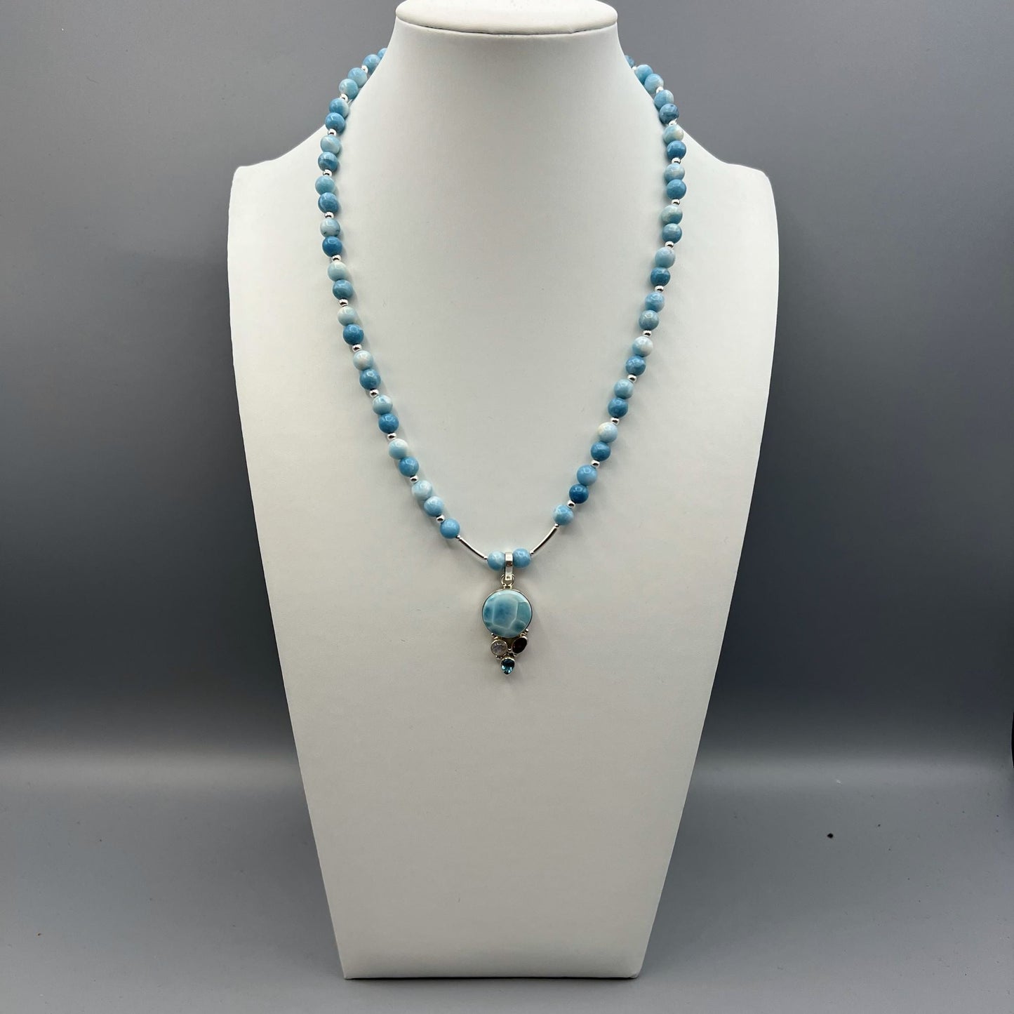 925 Silver Classic Handcrafted Blue Larimar & Multi Gemstone Single Strand Bead Necklace Set