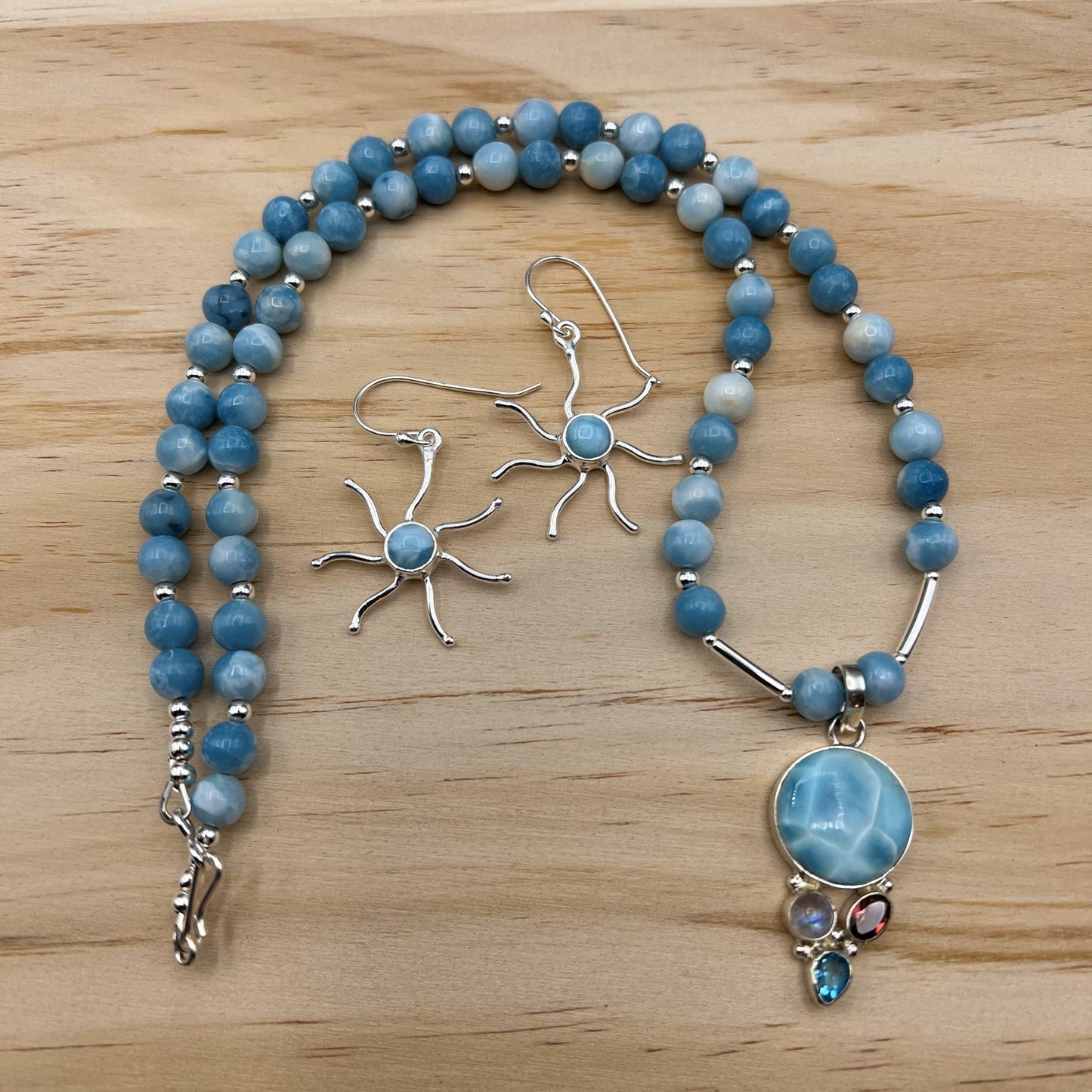 925 Silver Classic Handcrafted Blue Larimar & Multi Gemstone Single Strand Bead Necklace Set