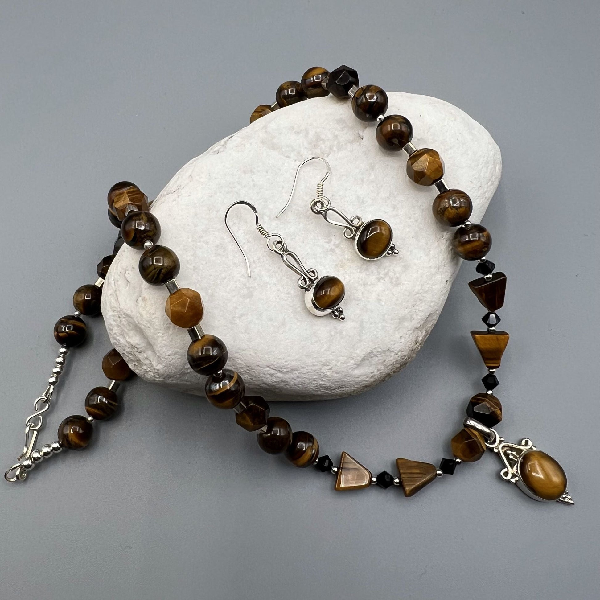 925 SS Trendy Gold Brown Color Tiger Eye Bead Necklace Set