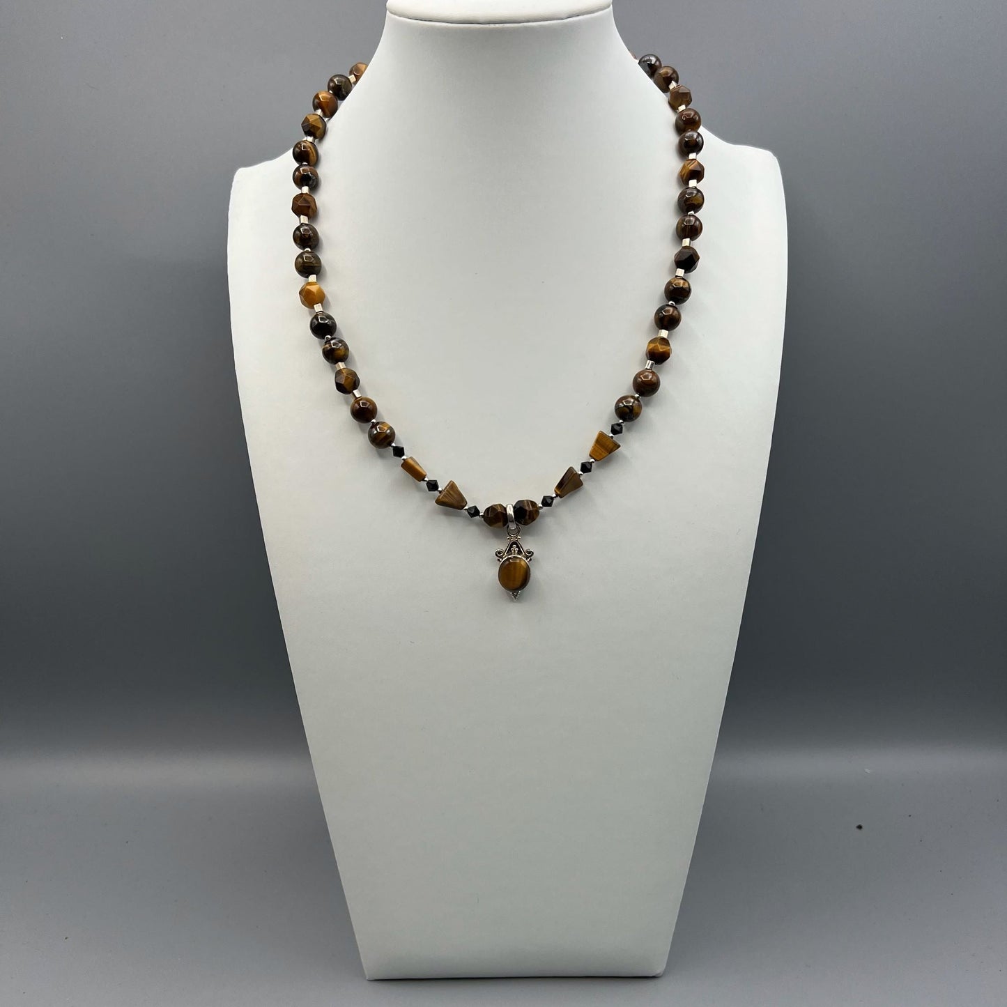 925 Silver Trendy Handcrafted Gold Brown Tiger Eye Single Strand Bead Necklace Set