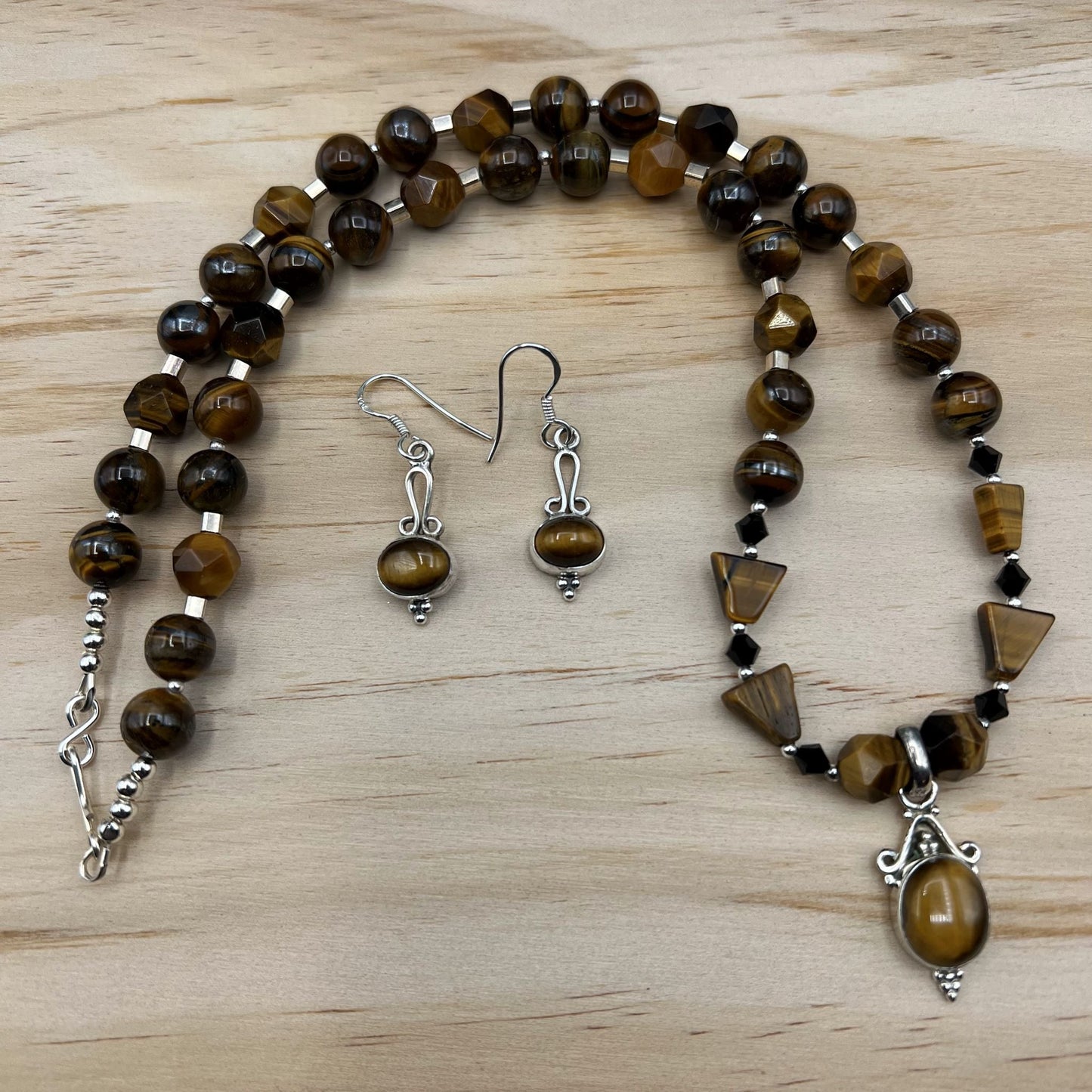 925 Silver Trendy Handcrafted Gold Brown Tiger Eye Single Strand Bead Necklace Set