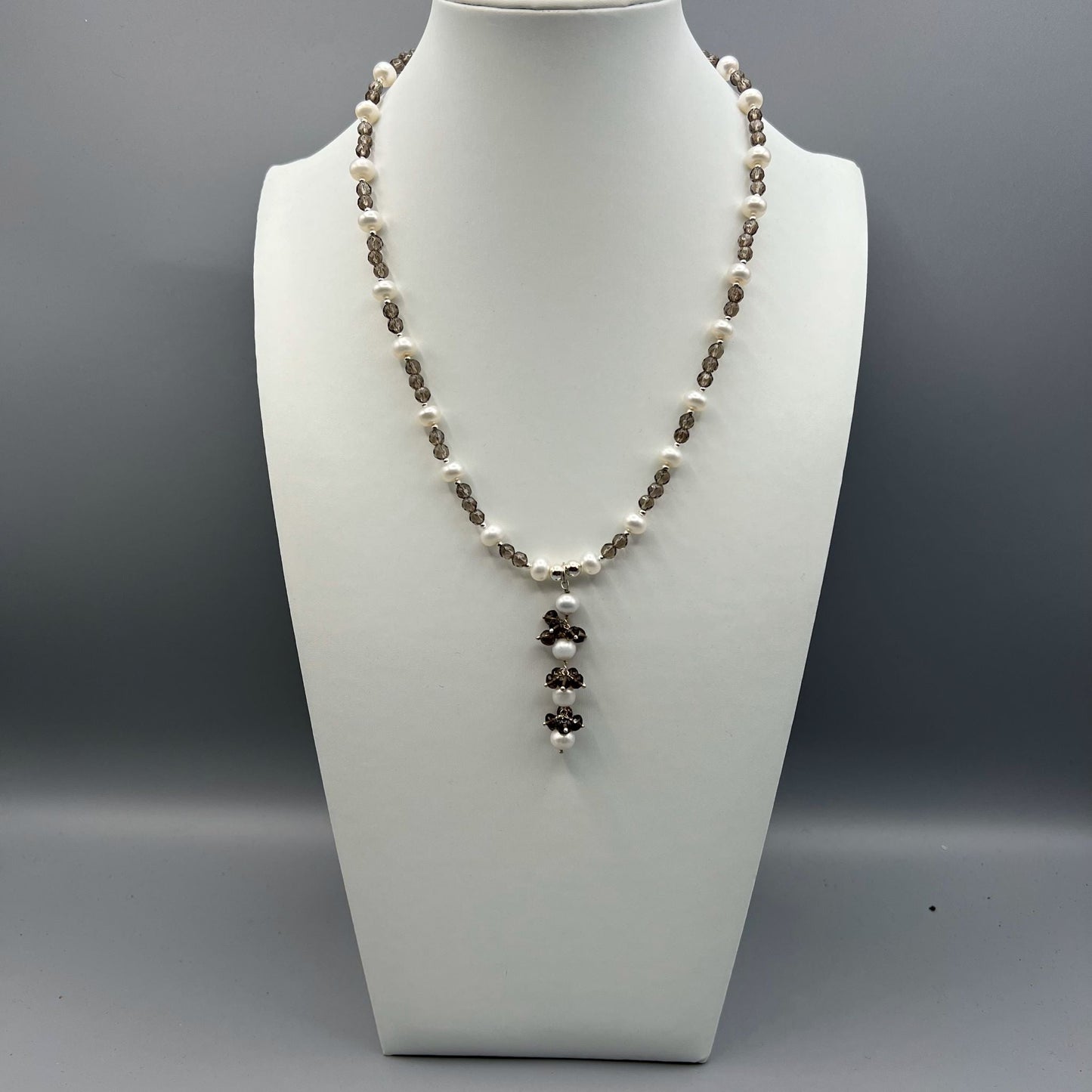 925 Silver Trendy Handcrafted Brown Smoky Topaz & Pearl Single Strand Bead Necklace Set