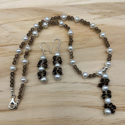 925 Silver Trendy Handcrafted Brown Smoky Topaz & Pearl Single Strand Bead Necklace Set