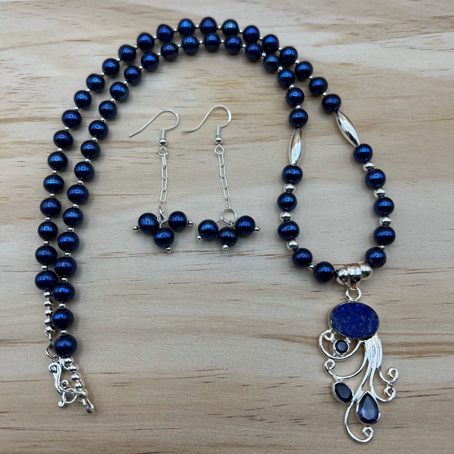 925 Silver Designer Festive Handcrafted Blue Pearl & Druzy Single Strand Long Bead Necklace Set