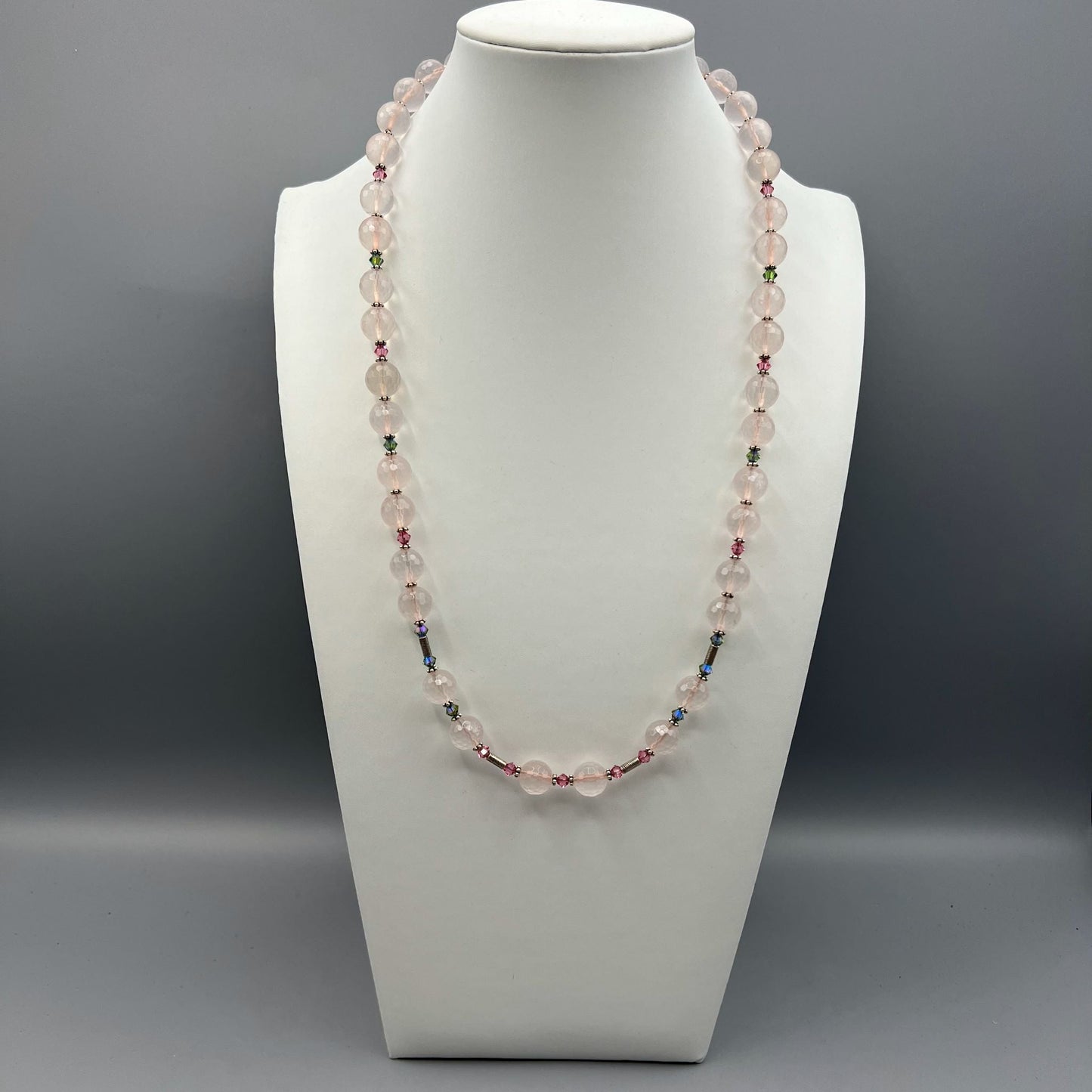 925 Silver Vintage Look Designer Trendy Handcrafted Rose Quartz Single Strand Bead Long Necklace Set