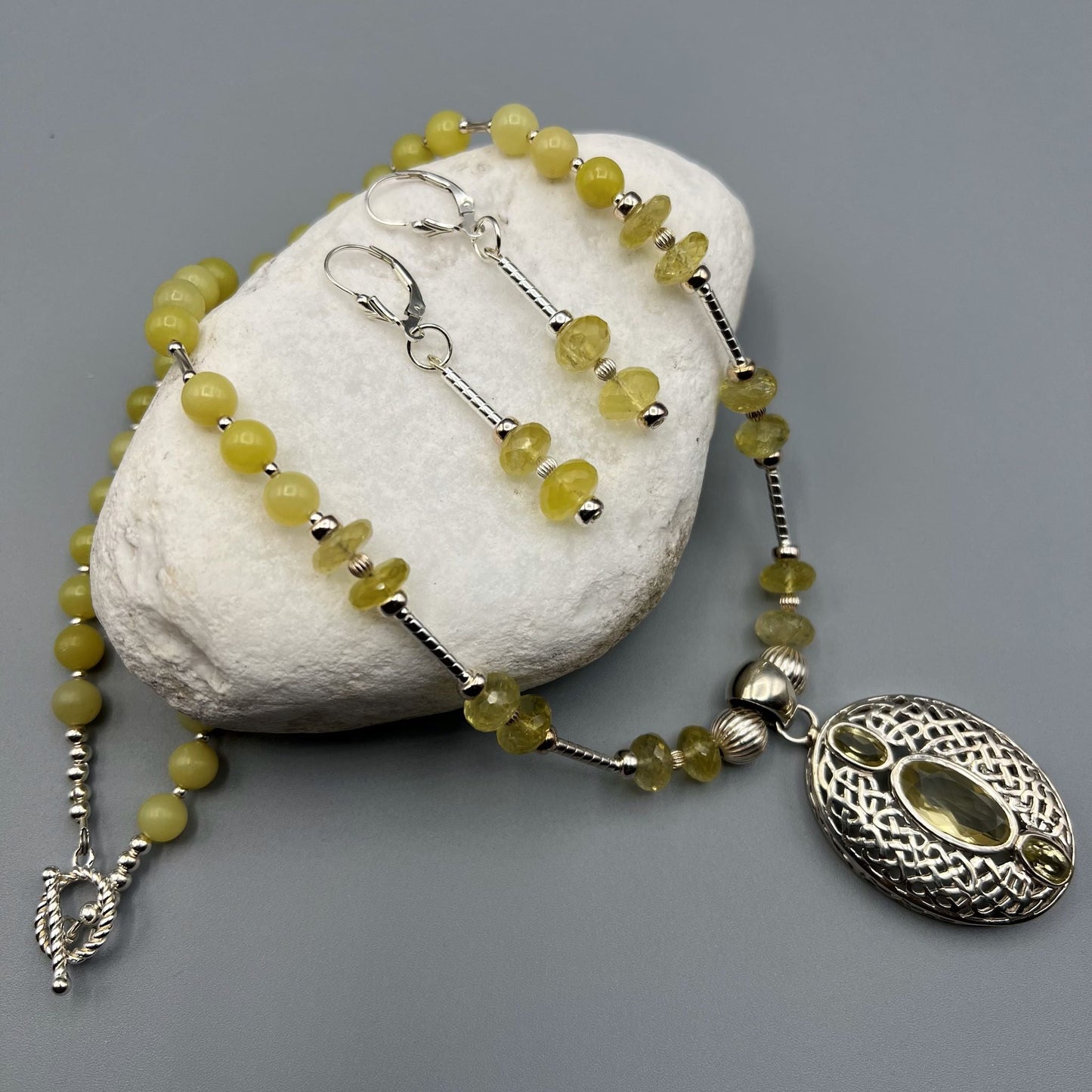 925 SS Designer Festive Yellow Color Topaz, Lemon Jade Bead Necklace Set