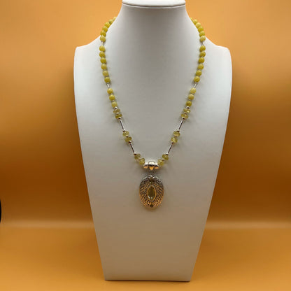 925 Silver Designer Festive Handcrafted Yellow Topaz & Lemon Jade Single Strand Bead Necklace Set