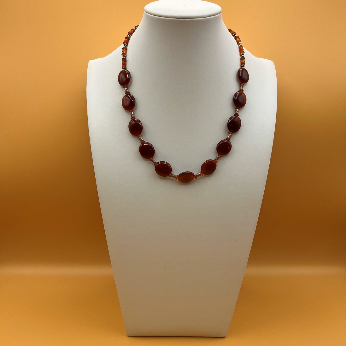 925 Silver Antique Look Classic Handcrafted Red Agate & Carnelian Single Strand Bead Necklace Set