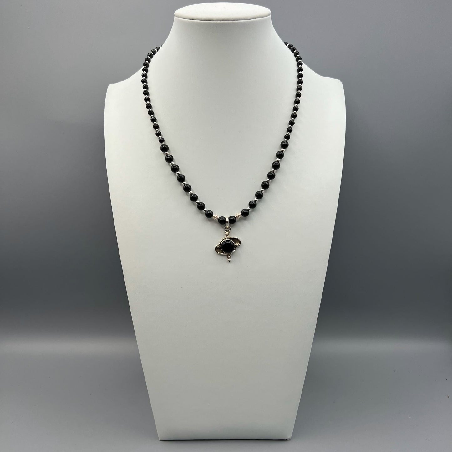 925 Silver Dainty Handcrafted Black Onyx Single Strand Bead Necklace Set